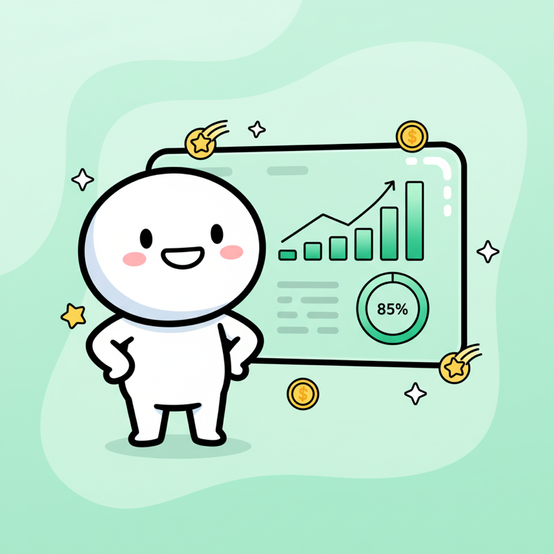 Personaje toon orgulloso junto a un dashboard con graficas de barras emerald creciendo, linea de tendencia hacia arriba y ring de progreso al 85 por ciento