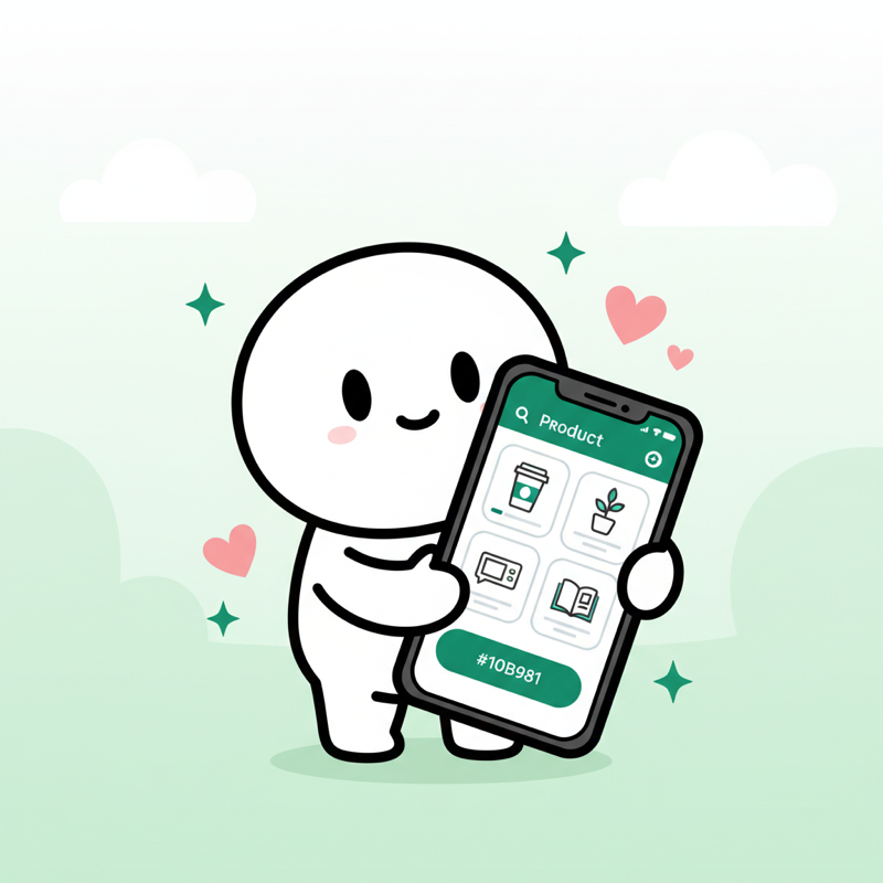 Personaje toon sosteniendo un smartphone con un catalogo digital de productos mostrando cards con precios y boton emerald de WhatsApp